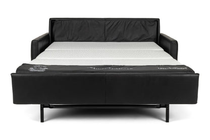 Black leather sofa bed with mattress on a white background
