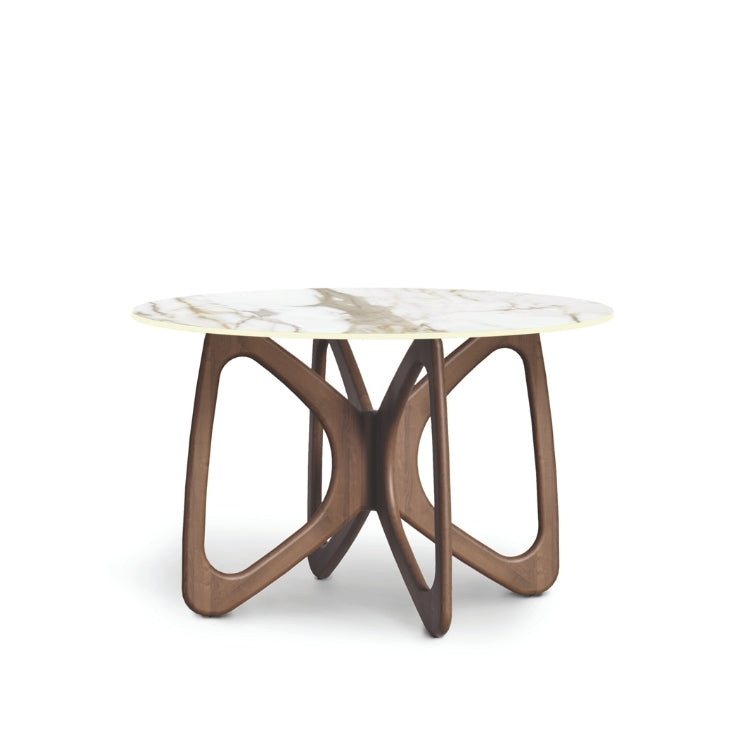 Modern side table with marble top and wooden base on a white background