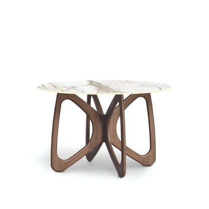 Modern side table with marble top and wooden base on a white background
