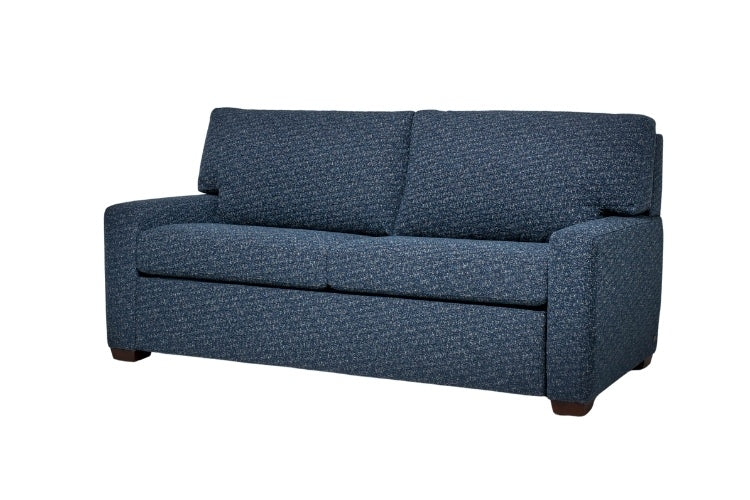Two seat navy blue fabric sofa. 