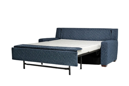 Navy Blue sectional sofa bed pulled out to full size showing white mattress. 