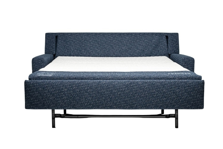 Navy Blue sectional sofa bed pulled out to full size showing white mattress. 