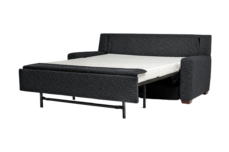 Dark Grey sectional sofa bed pulled out to full size showing white mattress. 