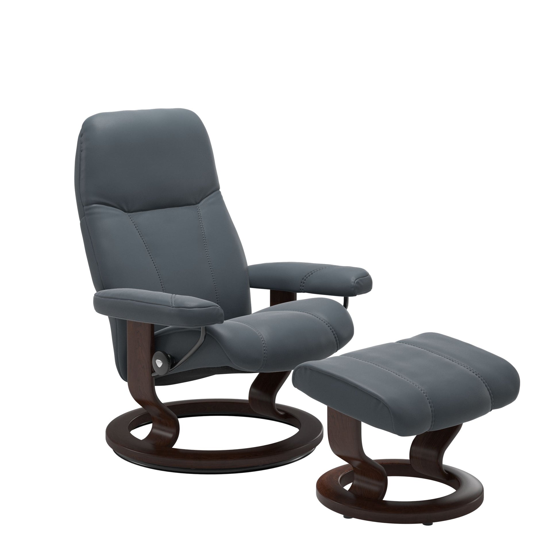 Front view of Stressless Consul Small Recliner and Ottoman in Batick Atlantic Blue with Classic Base in brown