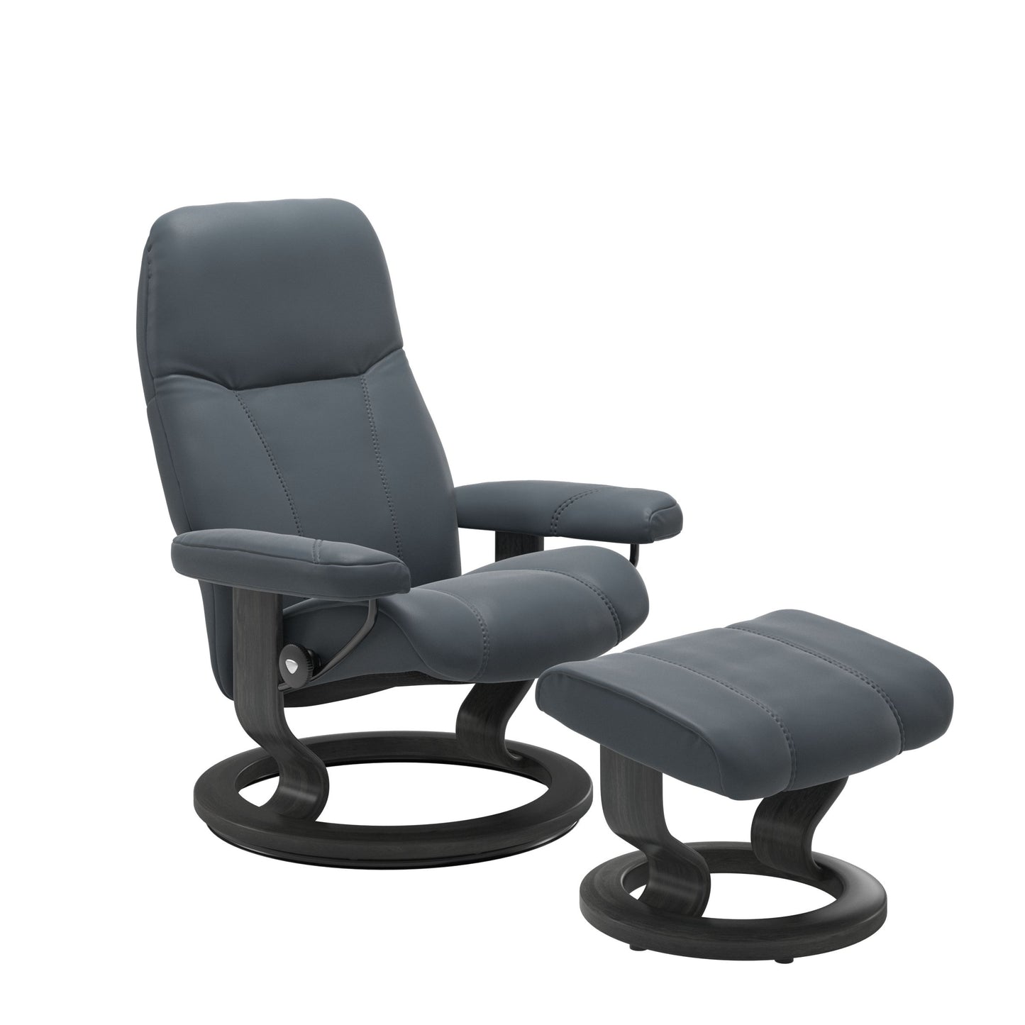 Front view of Stressless Consul Small Recliner and Ottoman in Batick Atlantic Blue with Classic Base in grey
