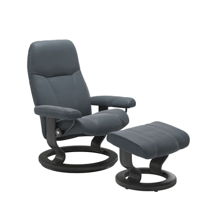 Front view of Stressless Consul Small Recliner and Ottoman in Batick Atlantic Blue with Classic Base in grey