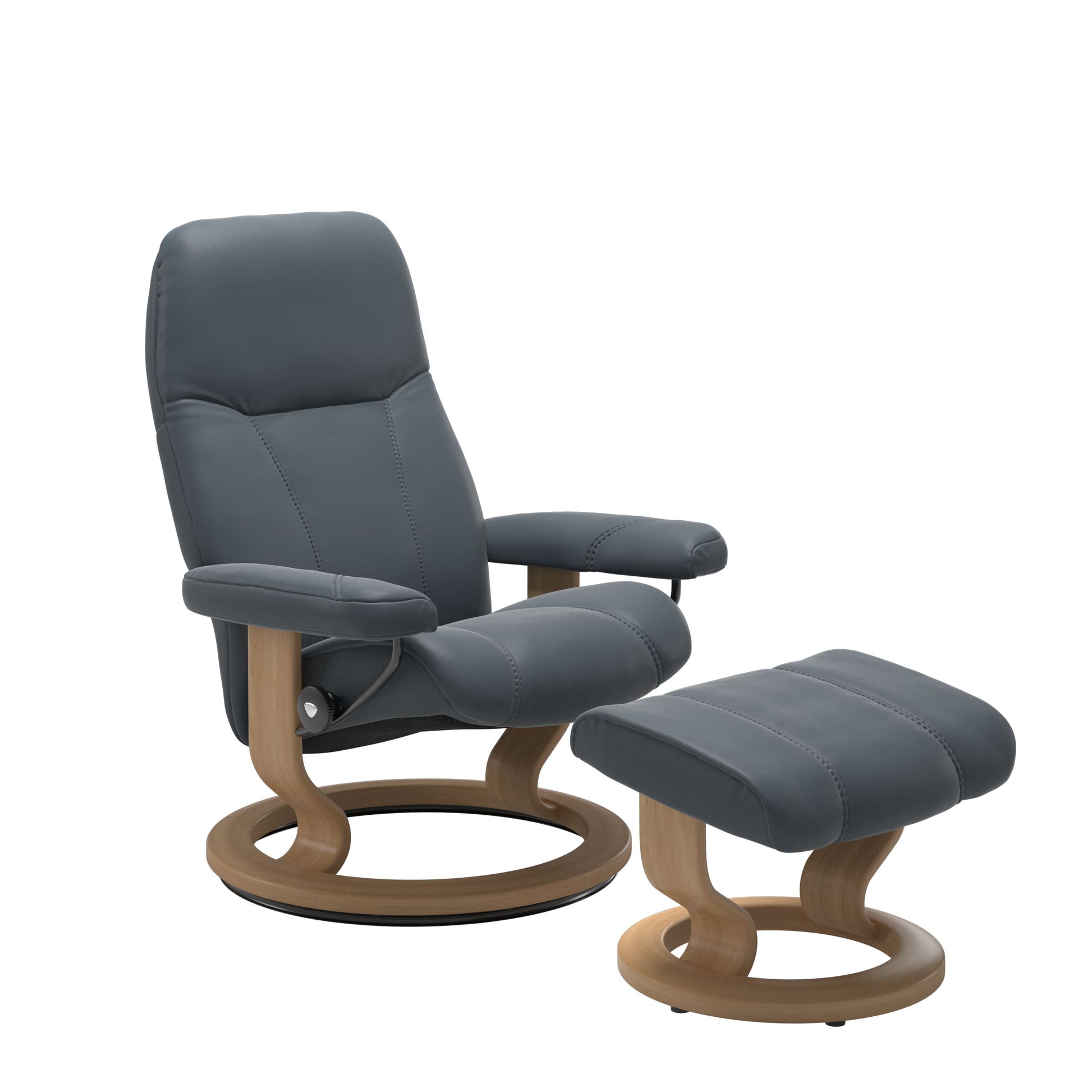 Front view of Stressless Consul Small Recliner and Ottoman in Batick Atlantic Blue with Classic Base in Oak