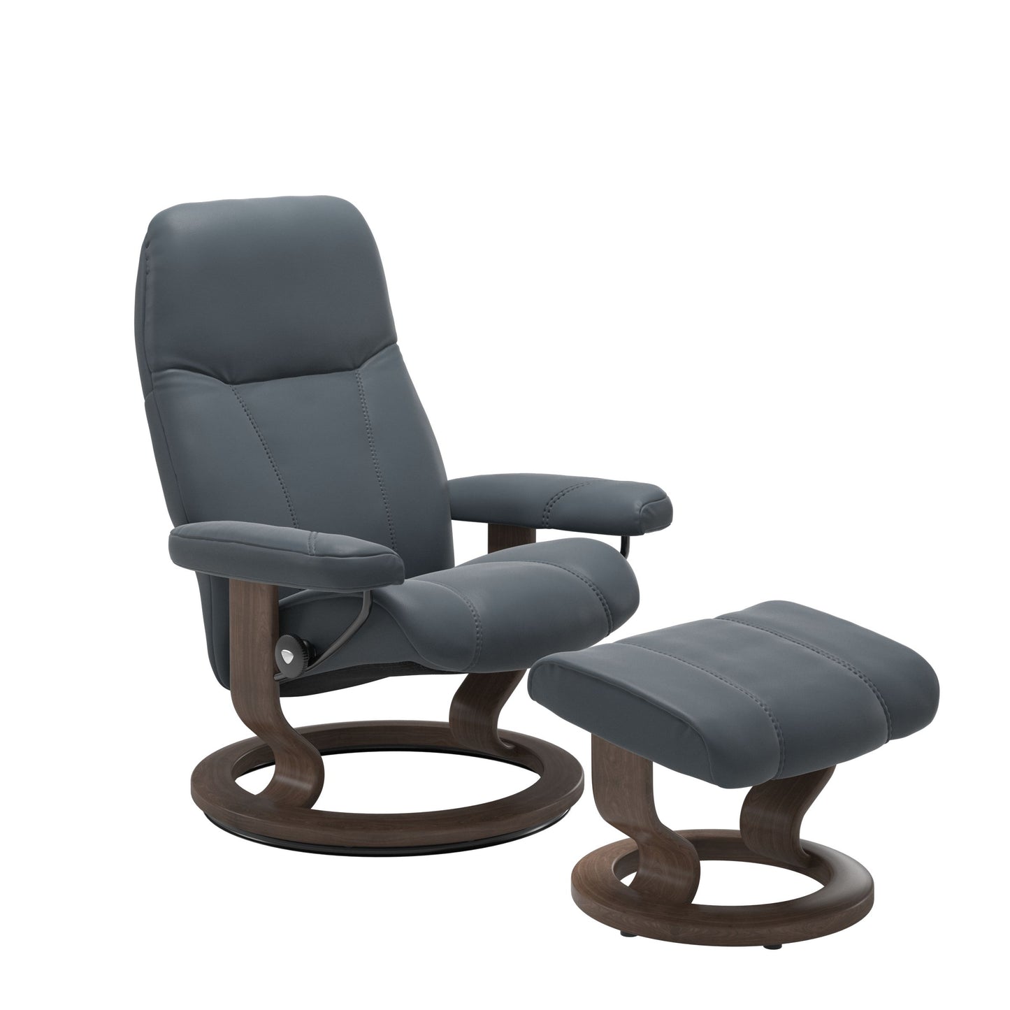 Front view of Stressless Consul Small Recliner and Ottoman in Batick Atlantic Blue with Classic Base in walnut