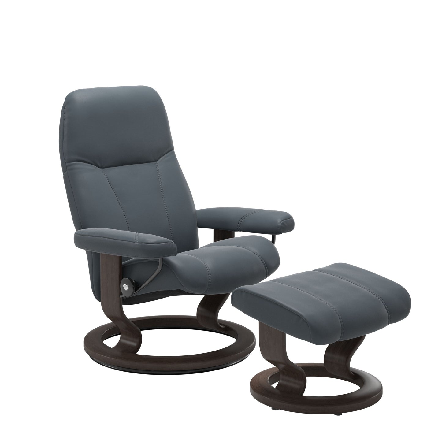 Front view of Stressless Consul Small Recliner and Ottoman in Batick Atlantic Blue with Classic Base in wenge