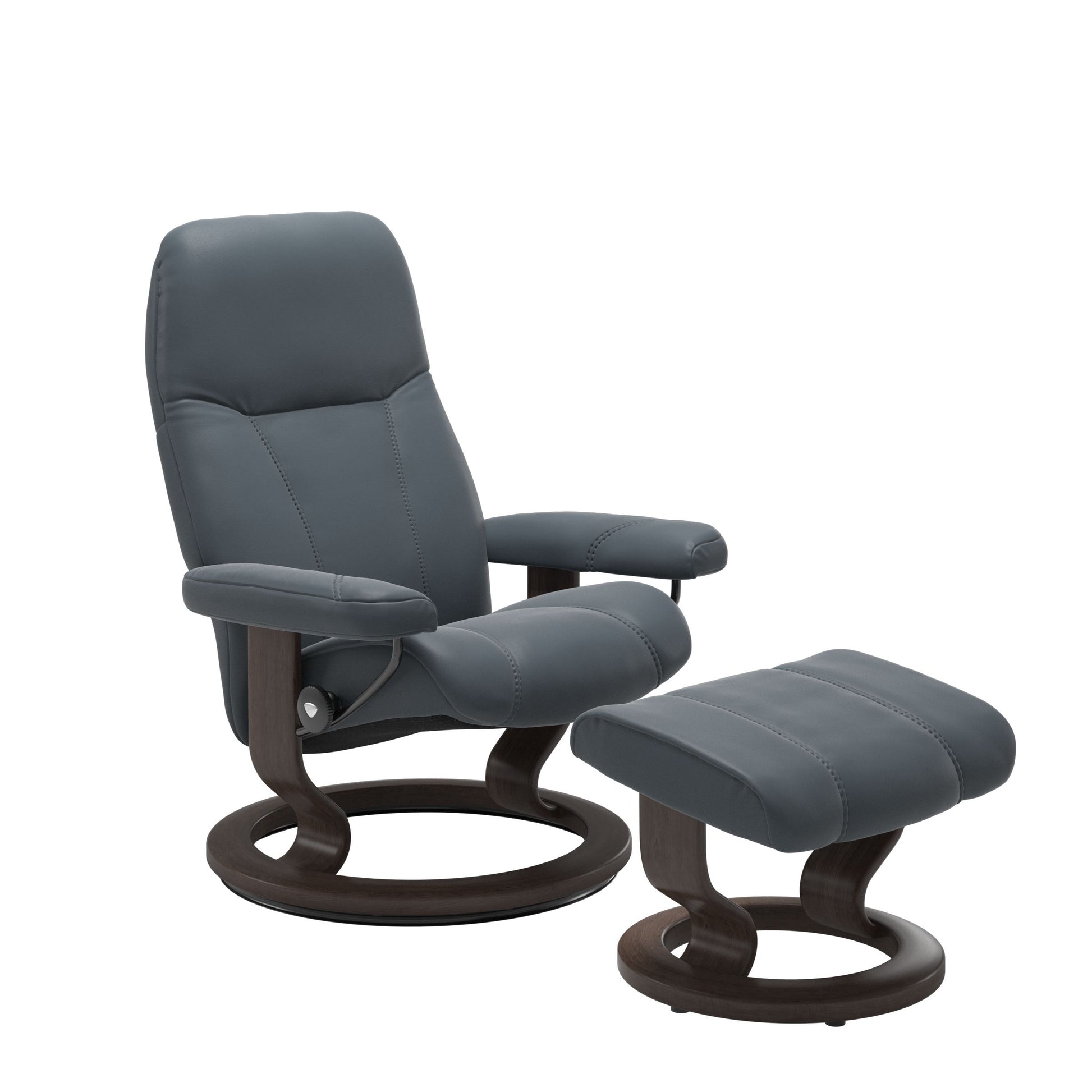 Front view of Stressless Consul Small Recliner and Ottoman in Batick Atlantic Blue with Classic Base in wenge