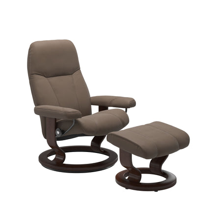 Front view of Stressless Consul Small Recliner and Ottoman in Batick Mole with Classic Base in brown