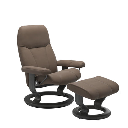 Front view of Stressless Consul Small Recliner and Ottoman in Batick Mole  with Classic Base in grey