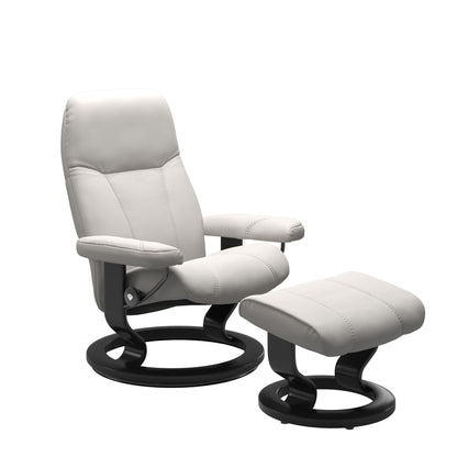 Front view of Stressless Consul Small Recliner and Ottoman in Batick Milky White with Classic Base in black