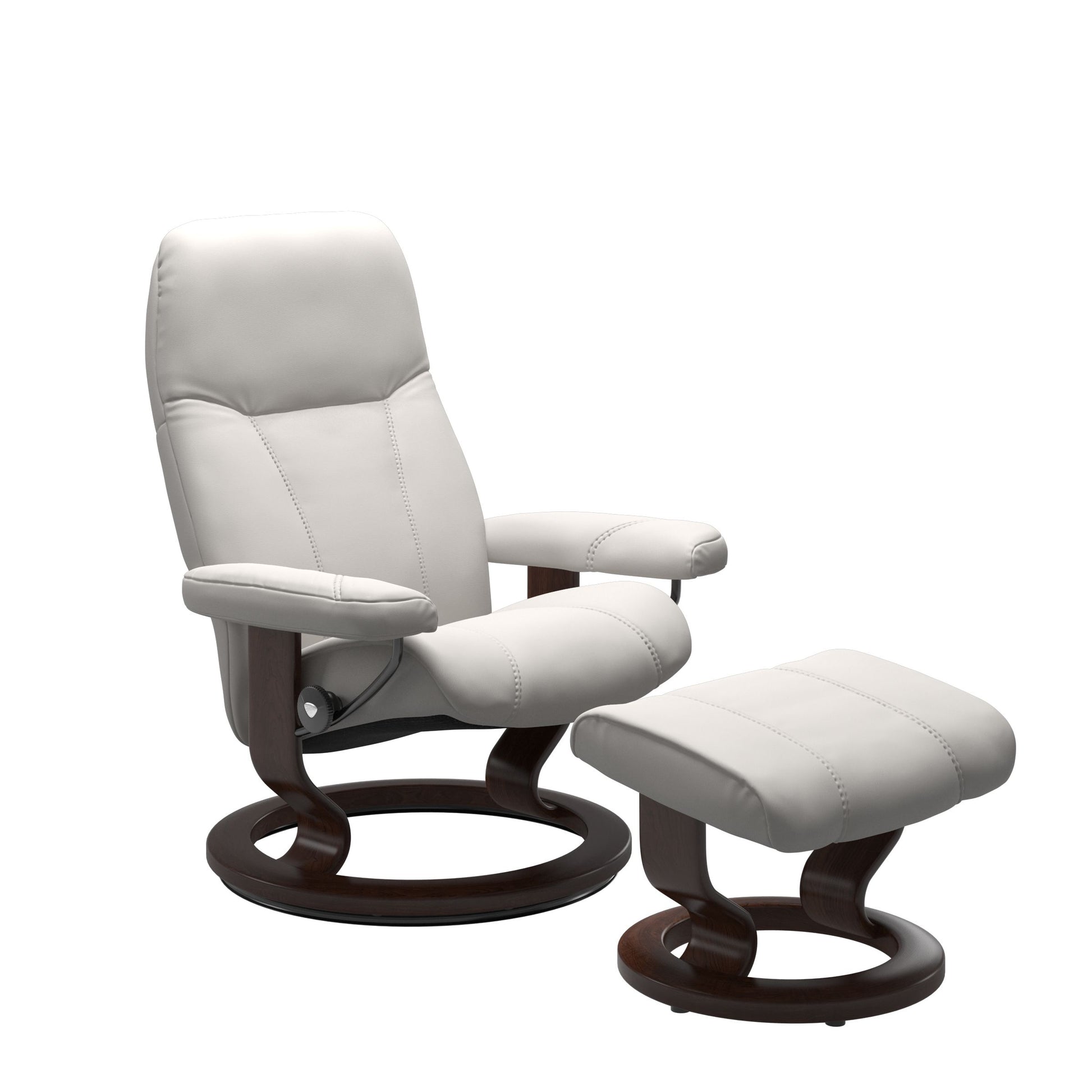 Front view of Stressless Consul Small Recliner and Ottoman in Batick Milky White with Classic Base in brown