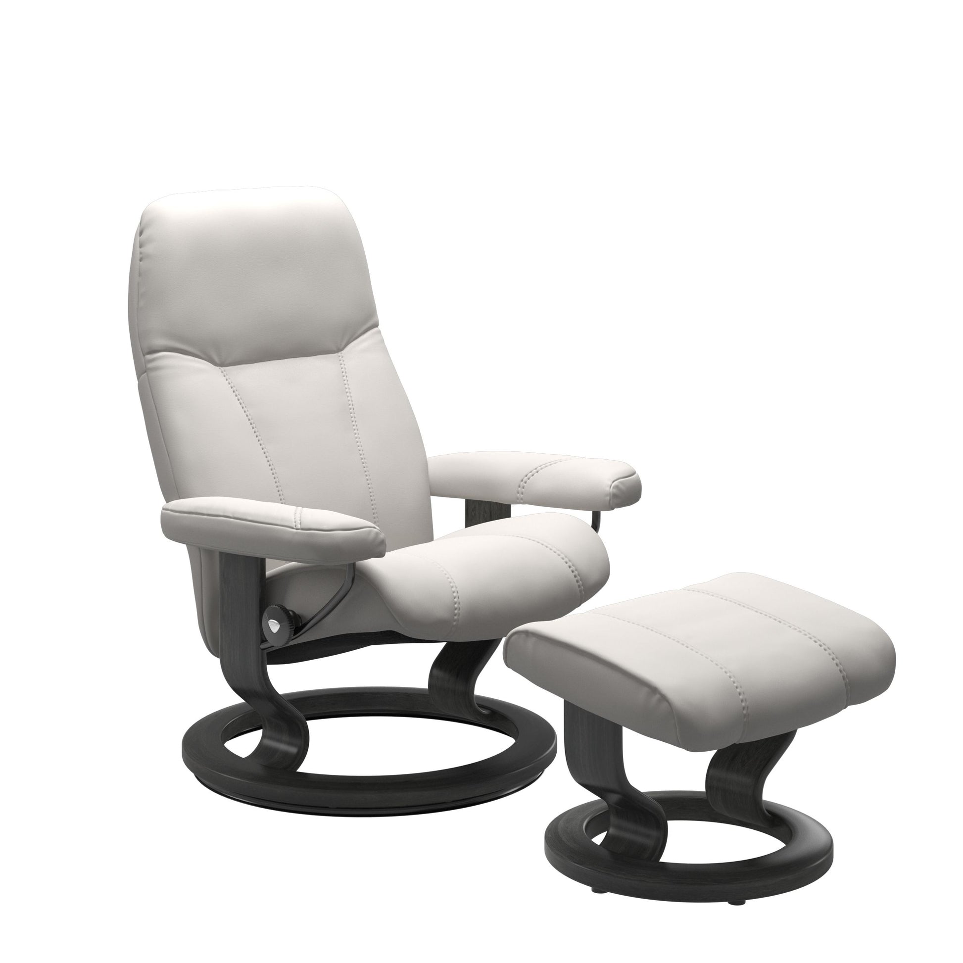 Front view of Stressless Consul Small Recliner and Ottoman in Batick Milky White with Classic Base in grey