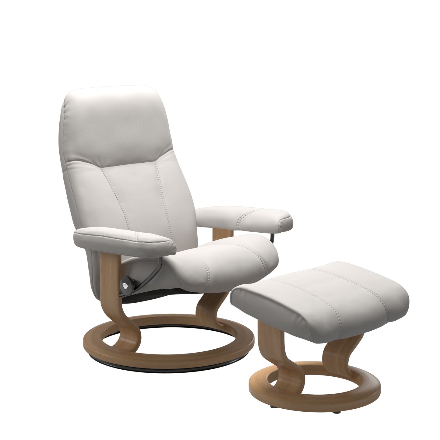 Front view of Stressless Consul Small Recliner and Ottoman in Batick Milky White with Classic Base in oak