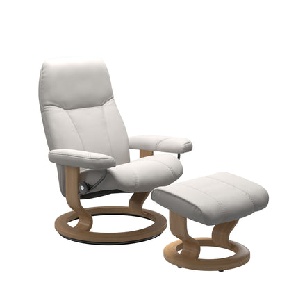 Front view of Stressless Consul Small Recliner and Ottoman in Batick Milky White with Classic Base in oak