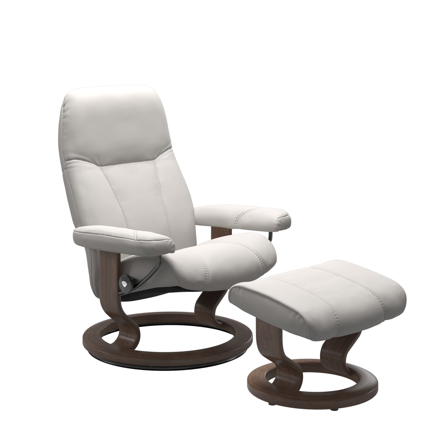 Front view of Stressless Consul Small Recliner and Ottoman in Batick Milky White with Classic Base in walnut