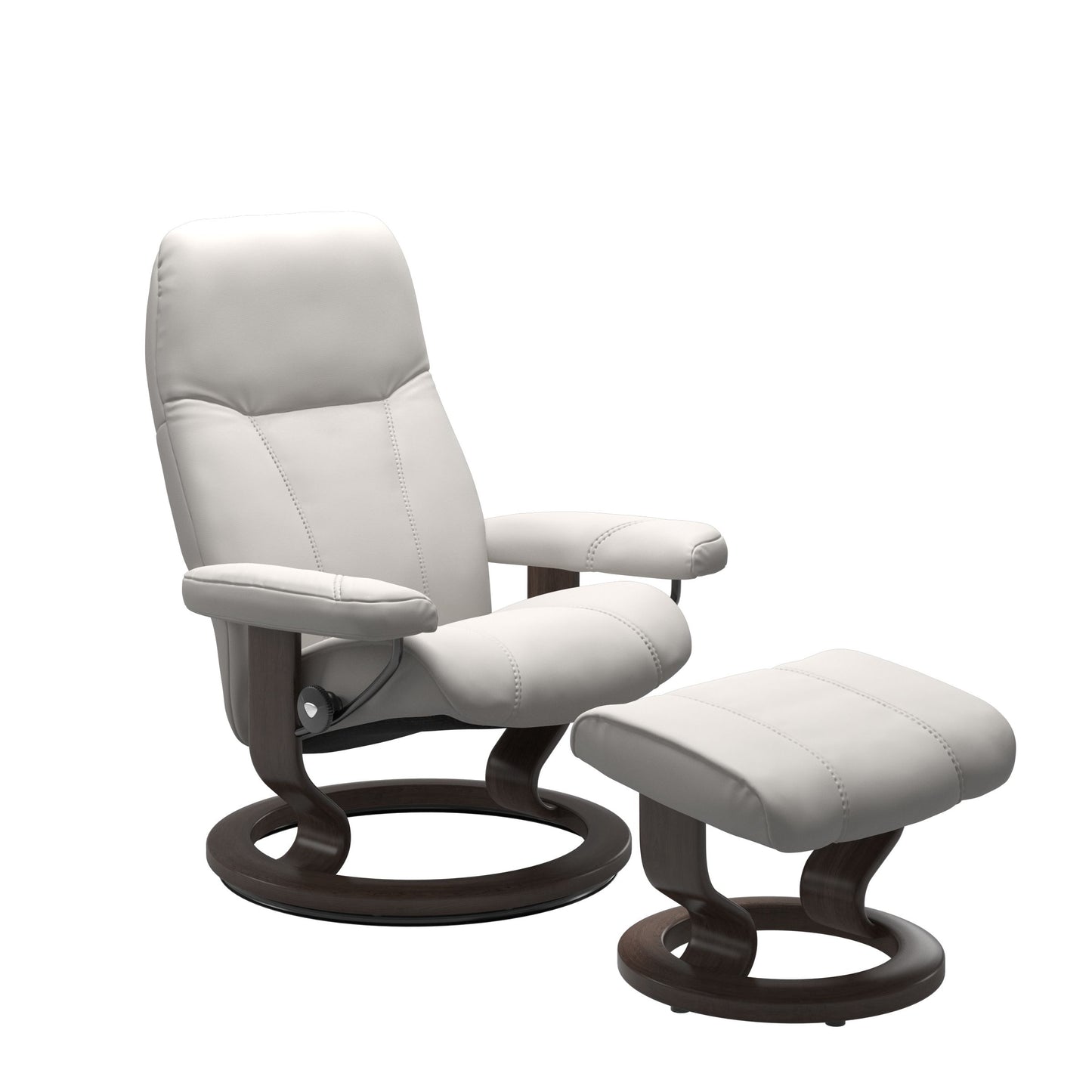 Front view of Stressless Consul Small Recliner and Ottoman in Batick Milky White with Classic Base in wenge