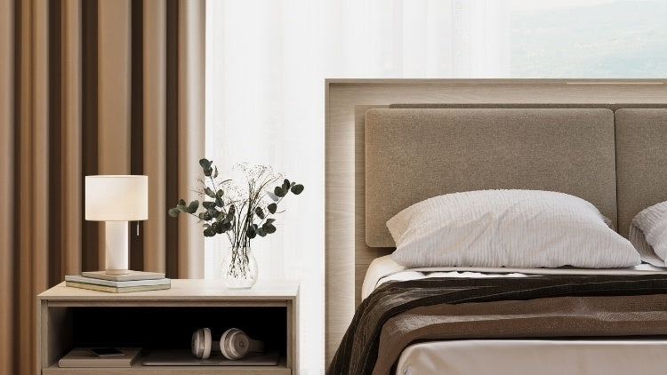 Contour headboard cover in Almond lifestyle with bedding, nightstand, and decor