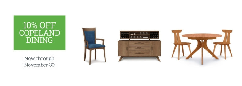 Wooden dining furniture set with a promotional banner for Copeland Dining discount.