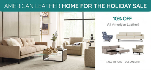 Advertisement for American Leather with furniture and promotional text.