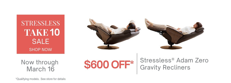 Advertisement for Stressless Adam Zero Gravity Recliners with a discount offer on a white background.