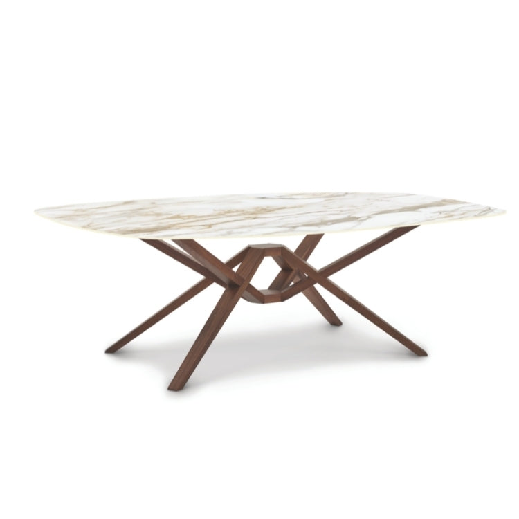 Exeter Stone Top Table Boat Shape in Natural Walnut with Macchia Vecchia stone