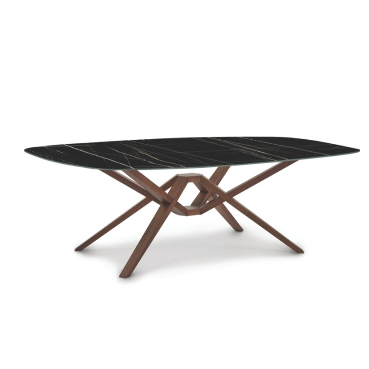 Exeter Stone Top Table Boat Shape in Natural Walnut with Sahara Noir stone