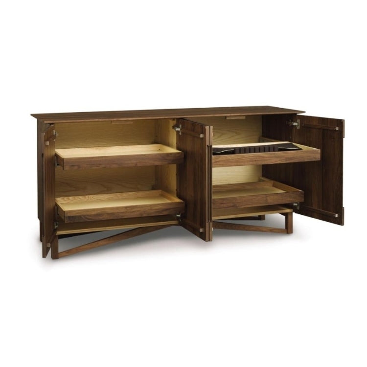 Exeter Buffet in Walnut with open doors showcasing rollout shelving
