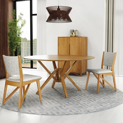 Exeter Round Fixed Top Table cherry in deocrated room with cabinet, chairs, and rug.