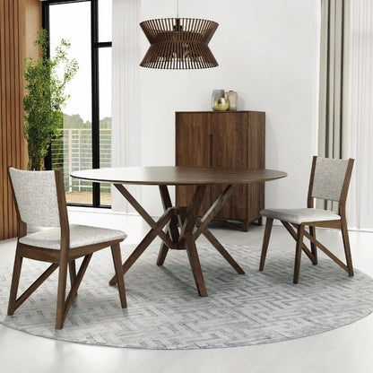 Exeter Round Fixed Top Table walnut in decorated room with chairs, cabinet, and rug