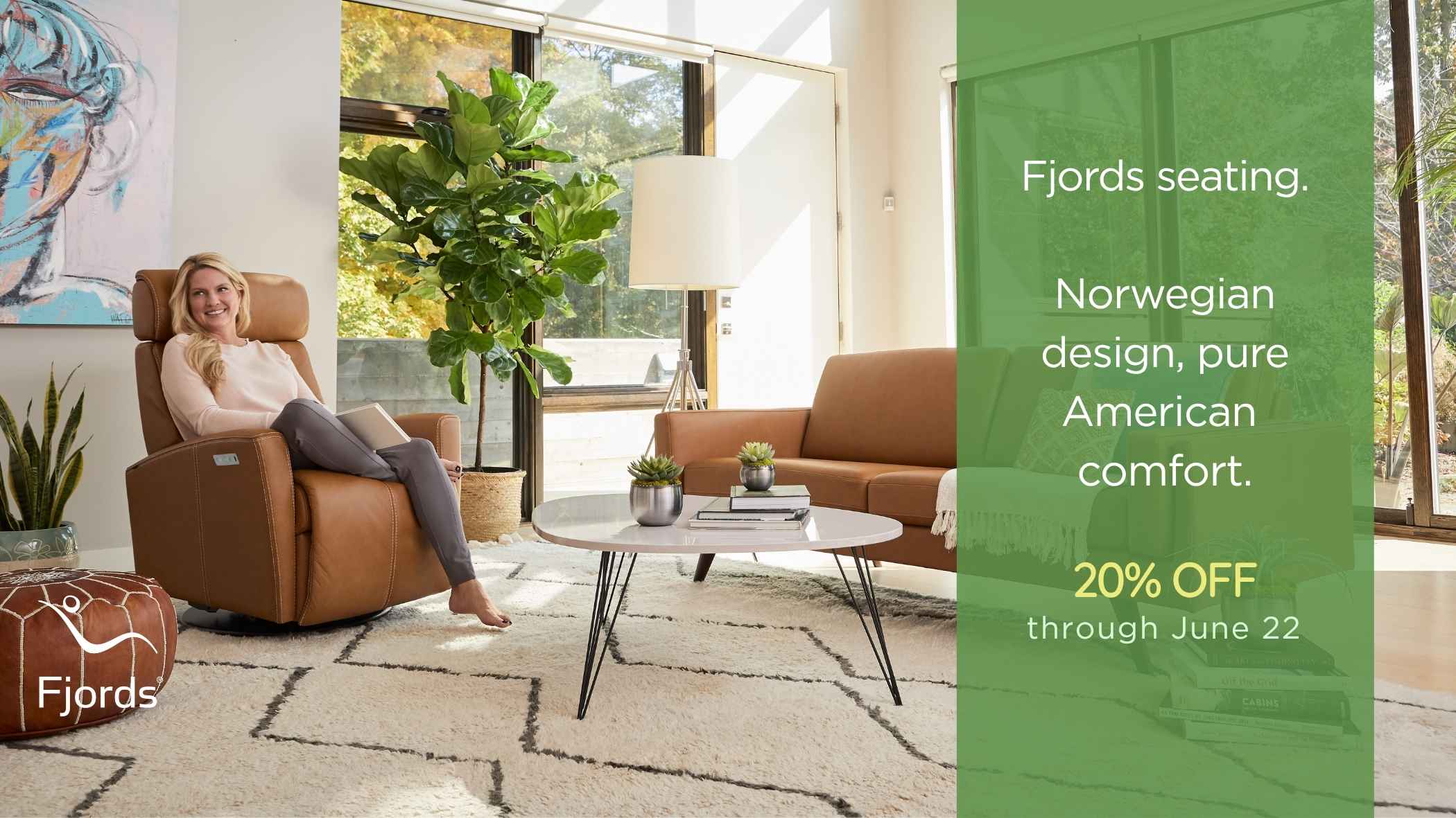 Woman relaxing in a brown recliner chair in a modern living room with promotional text for Fjords furniture.