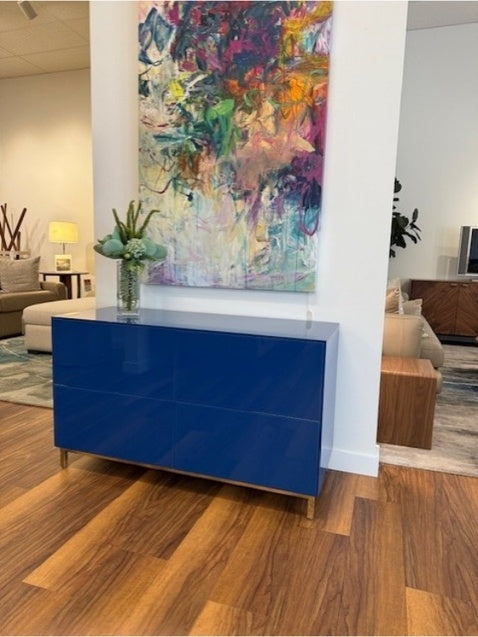 Custom Carlo Blue Glass 4 Drawer Dresser by Glassisimo is featured with Royal Blue Glass and Gold Leaf Legs.