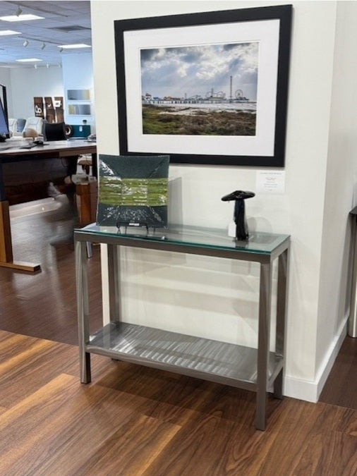 Parliament Hall/Console Table by Johnston Casuals is featured in a Platinum (Brushed Steel) finish.