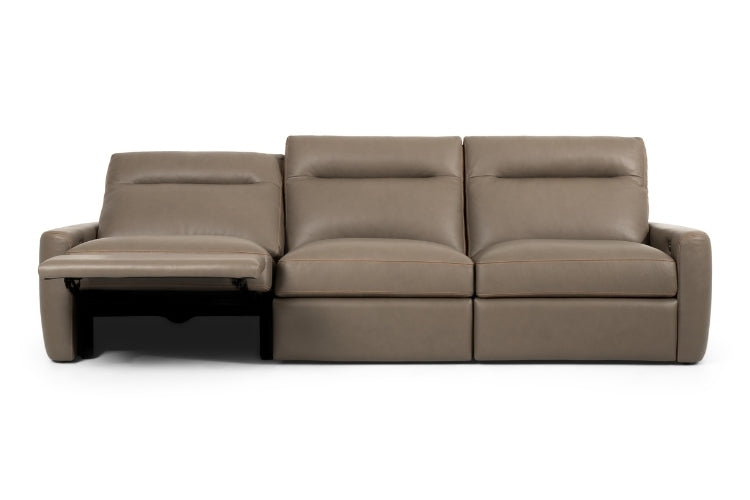 Keystone 3-Seat Power Recliner in Brown leather with 1 seat in recline position
