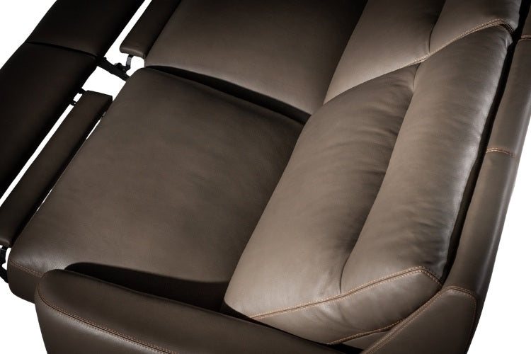 Top view of Keystone 3-Seat Power Recliner in Brown leather showing pillow and stitching