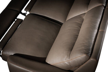 Top view of Keystone 3-Seat Power Recliner in Brown leather showing pillow and stitching