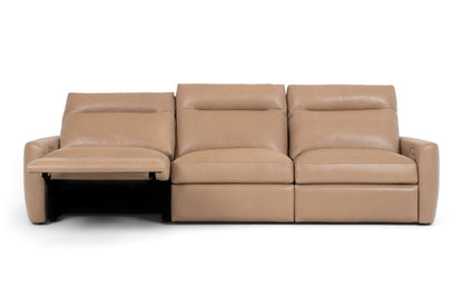 Keystone 3-Seat Power Recliner in tan leather with 1 seat in reclined position