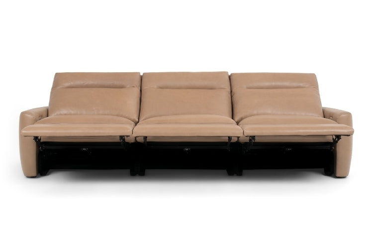 Keystone 3-Seat Power Recliner in tan leather with all seats in reclined position