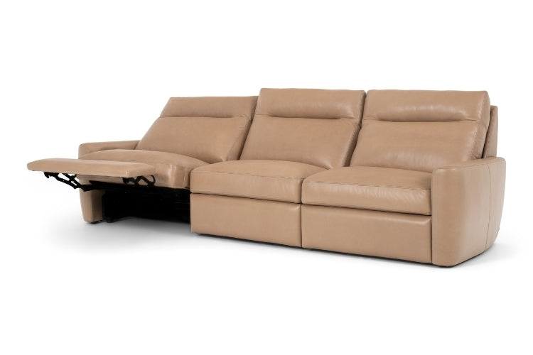 Keystone 3-Seat Power Recliner in tan leather with 1 seat in reclined position