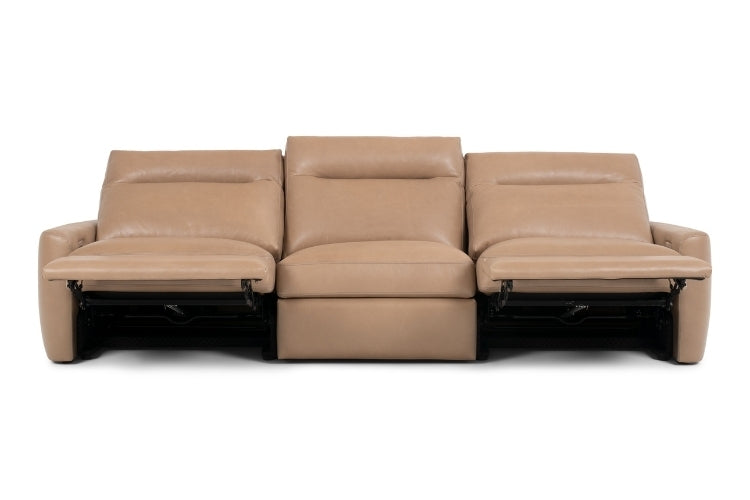 Keystone 3-Seat Power Recliner in tan leather with 2 seat in reclined position
