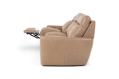 Keystone 3-Seat Power Recliner in tan leather with 1 seat in reclined position