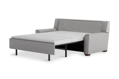 Gray upholstered bed with pull-out mechanism 
