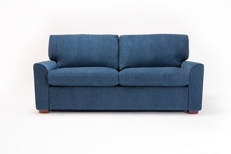 Blue fabric sofa with curved arms and wood legs
