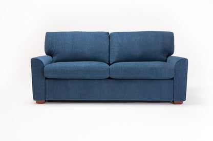 Blue fabric sofa with curved arms and wood legs