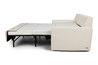 Beige sofa bed with pull-out mechanism on a white background