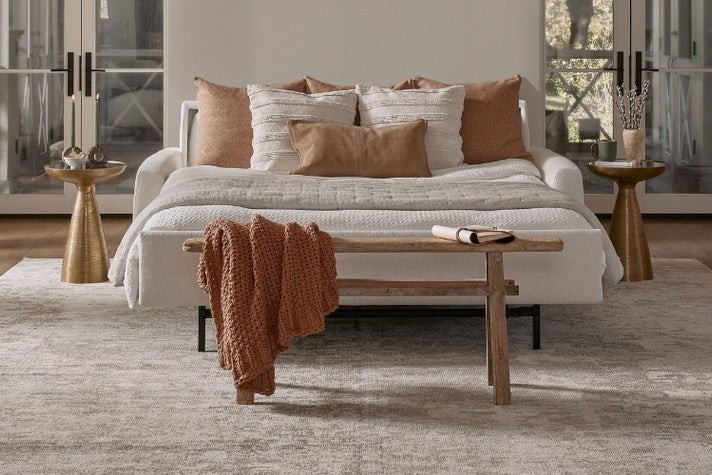 Living room with a sofa bed, coffee table, and decorative pillows.