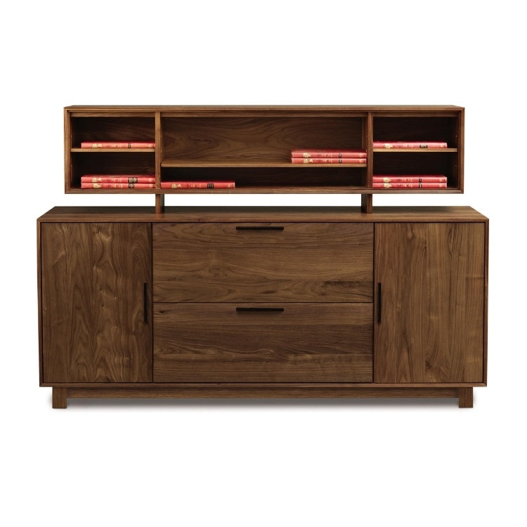 Linear Credenza walnut front view with organizer hutch
