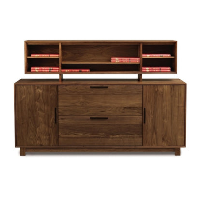 Linear Credenza walnut front view with organizer hutch